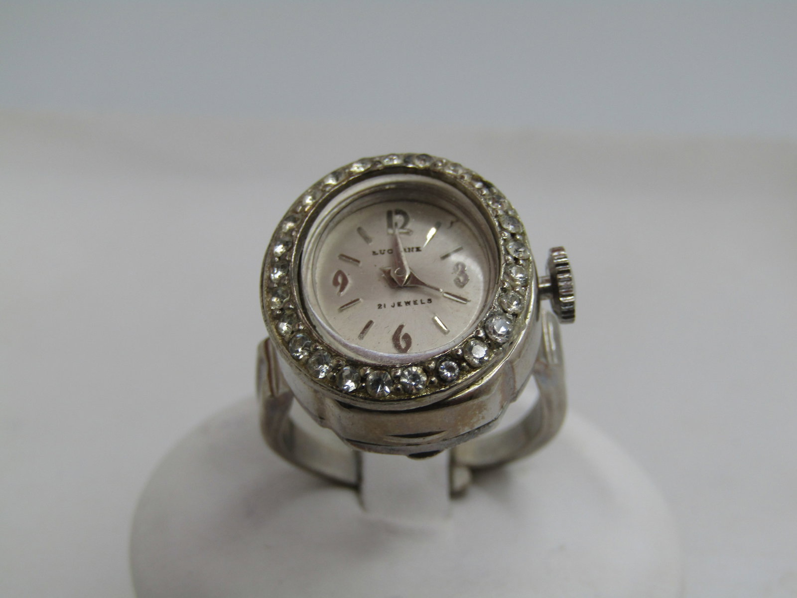 Vintage Lucerne Rhinestone Watch Ring, Adjustable, WORKS, 21 Jewels, 1980's (1 of 6)