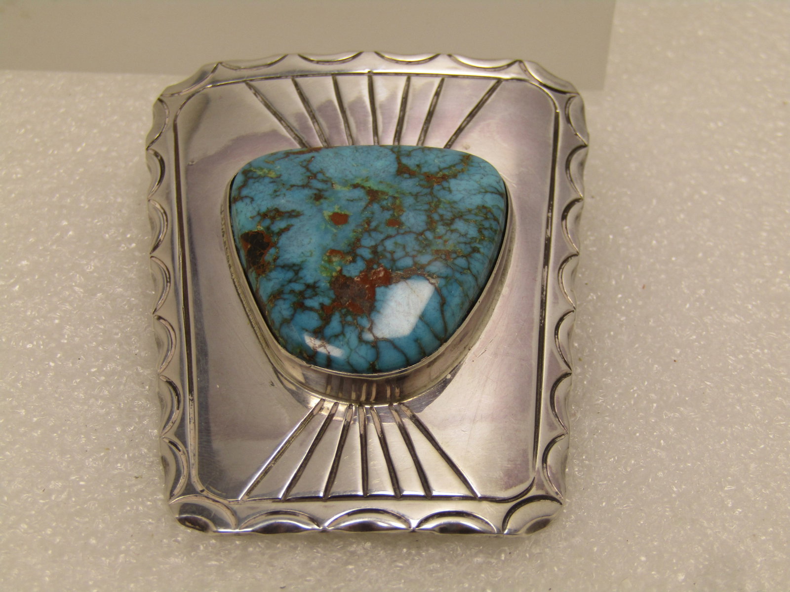 Vintage Sterling Navajo/Southwestern Turquoise Bolo Slide/Pendant, 1960's-1970's: Vintage Sterling Navajo/Southwestern Turquoise Bolo Slide/Pendant, 1960's-1970's. This bolo slide has the mechanism but also had a bail added to the back to be worn as a pendant. It is appx. 2.5" tall