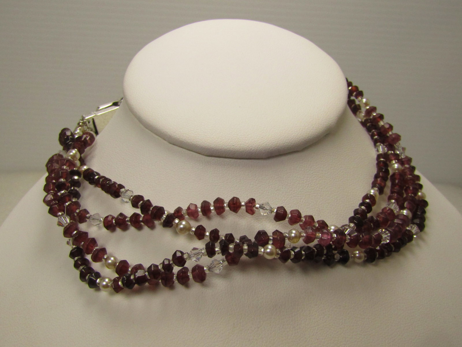 Costume Garnet and Clear Crystal Necklace, Double Strand, 29", Faux Pearls, 1990's: Costume Garnet and Clear Crystal Necklace, Double Strand, 29", Faux Pearls, 1990's. This has a double strand of what appear to be natural garnet beads that average an appx. width of 4.5mm. They have a