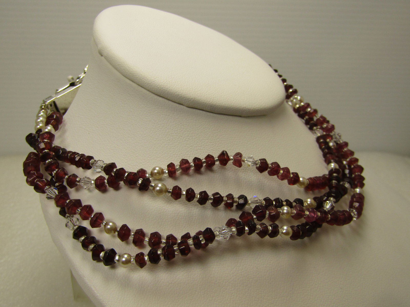 Costume Garnet and Clear Crystal Necklace, Double Strand, 29", Faux Pearls, 1990's - 3