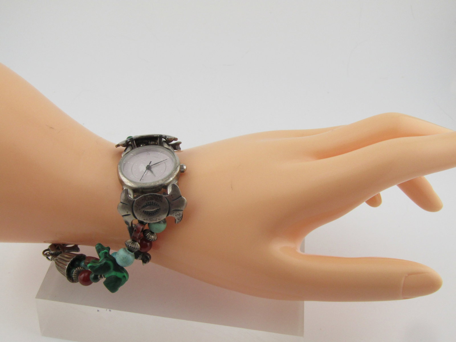 Sterling Carolyn Pollack Southwestern Watch, Malachite, Tuquoise, 7.5" 1990's - 10