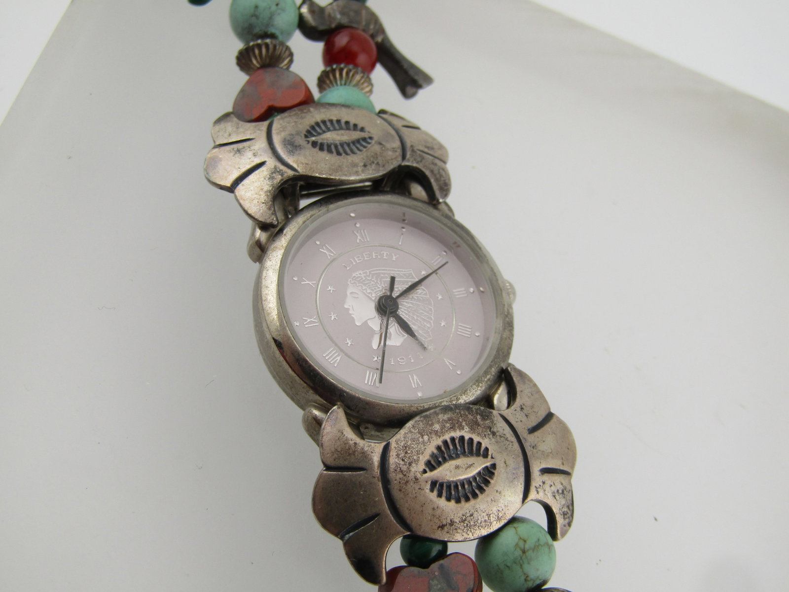 Sterling Carolyn Pollack Southwestern Watch, Malachite, Tuquoise, 7.5" 1990's - 2