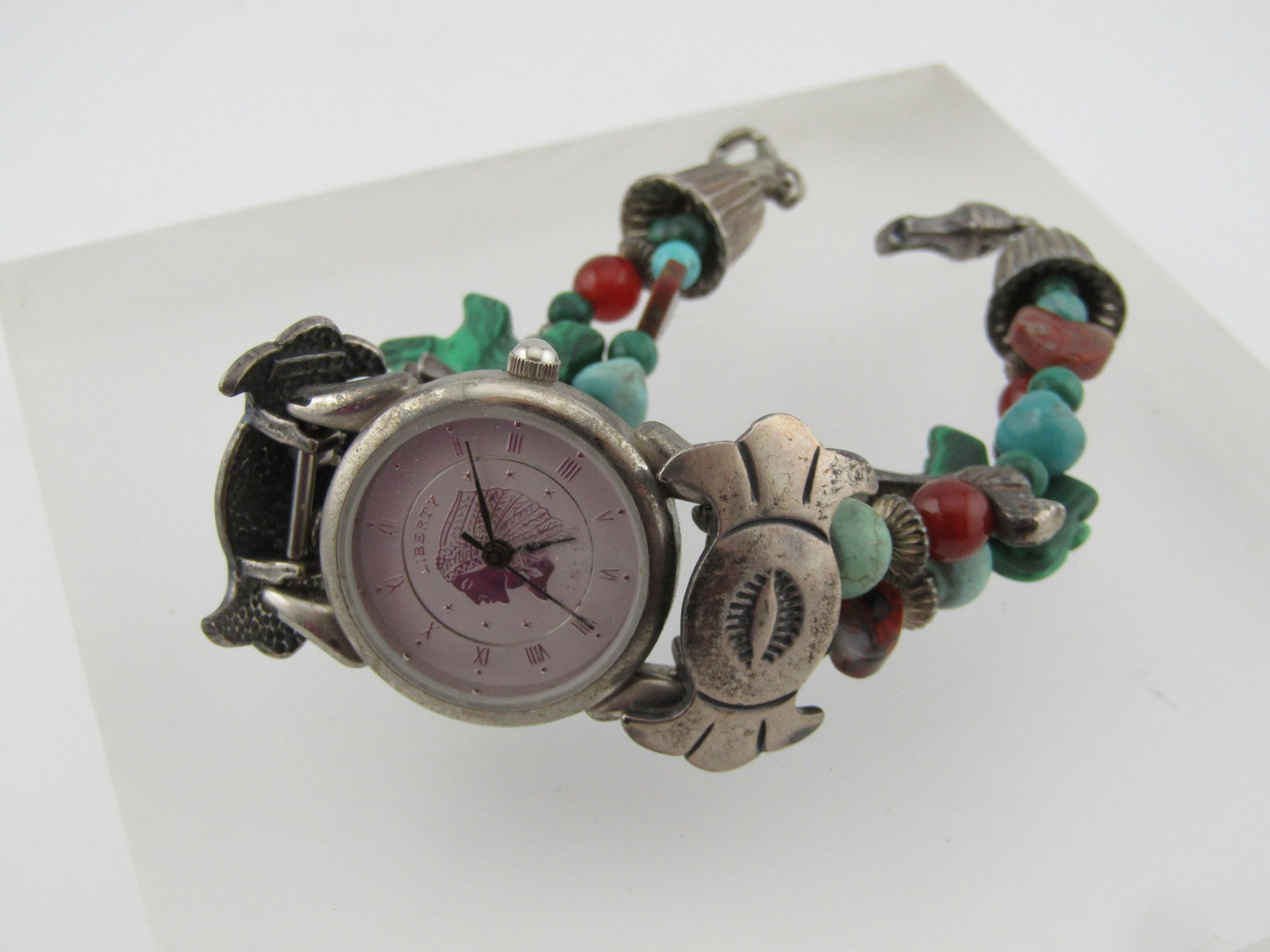 Sterling Carolyn Pollack Southwestern Watch, Malachite, Tuquoise, 7.5" 1990's - 3