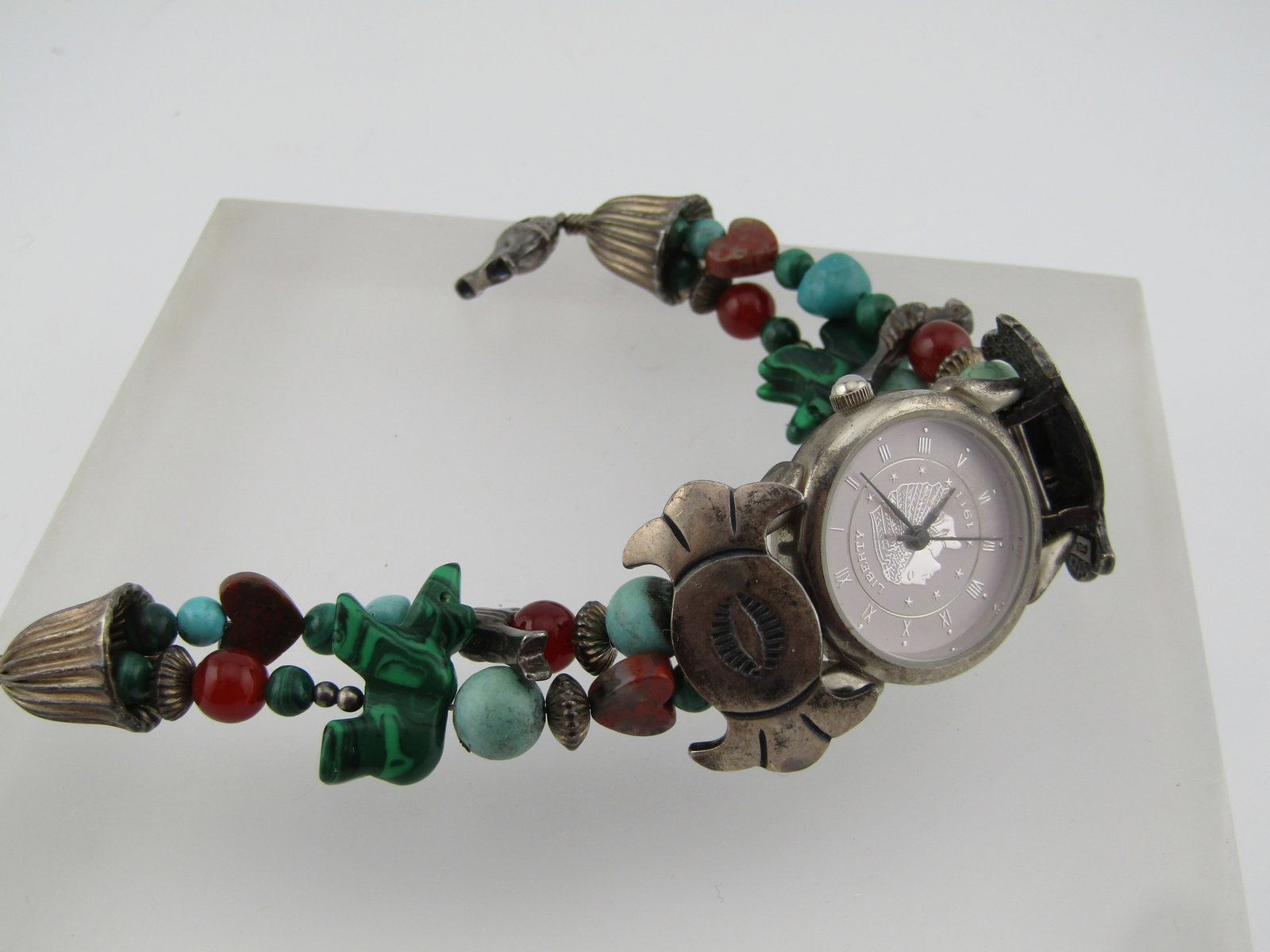 Sterling Carolyn Pollack Southwestern Watch, Malachite, Tuquoise, 7.5" 1990's - 4