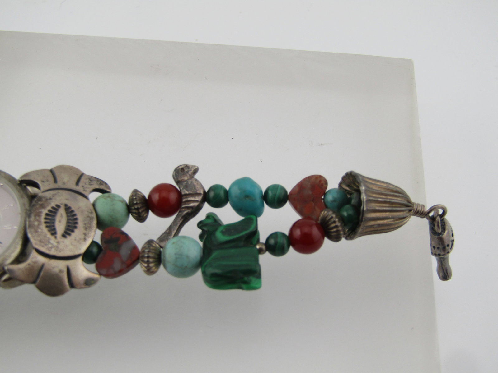 Sterling Carolyn Pollack Southwestern Watch, Malachite, Tuquoise, 7.5" 1990's - 5