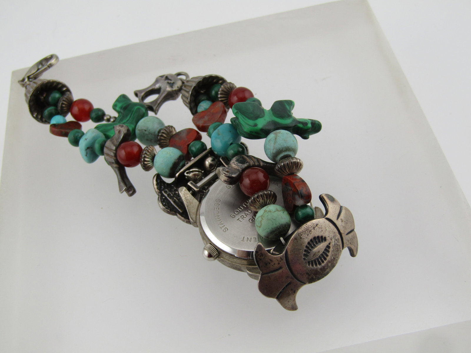 Sterling Carolyn Pollack Southwestern Watch, Malachite, Tuquoise, 7.5" 1990's - 7