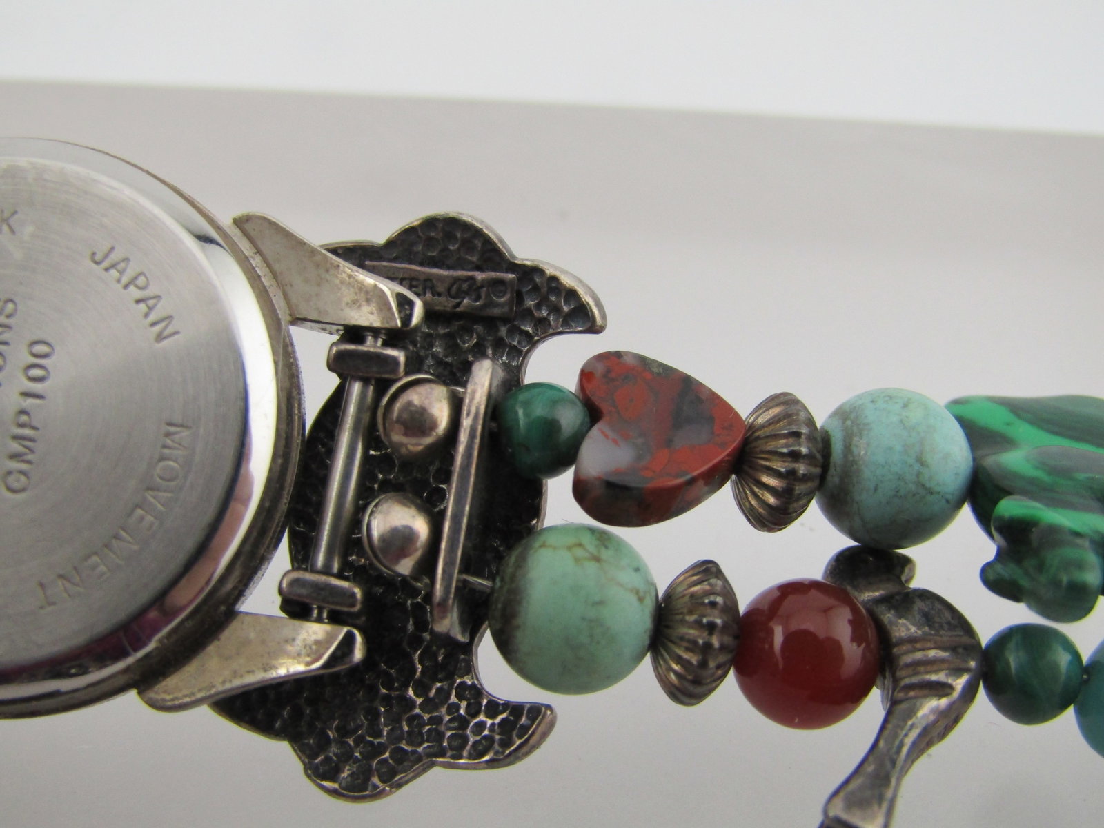 Sterling Carolyn Pollack Southwestern Watch, Malachite, Tuquoise, 7.5" 1990's - 8