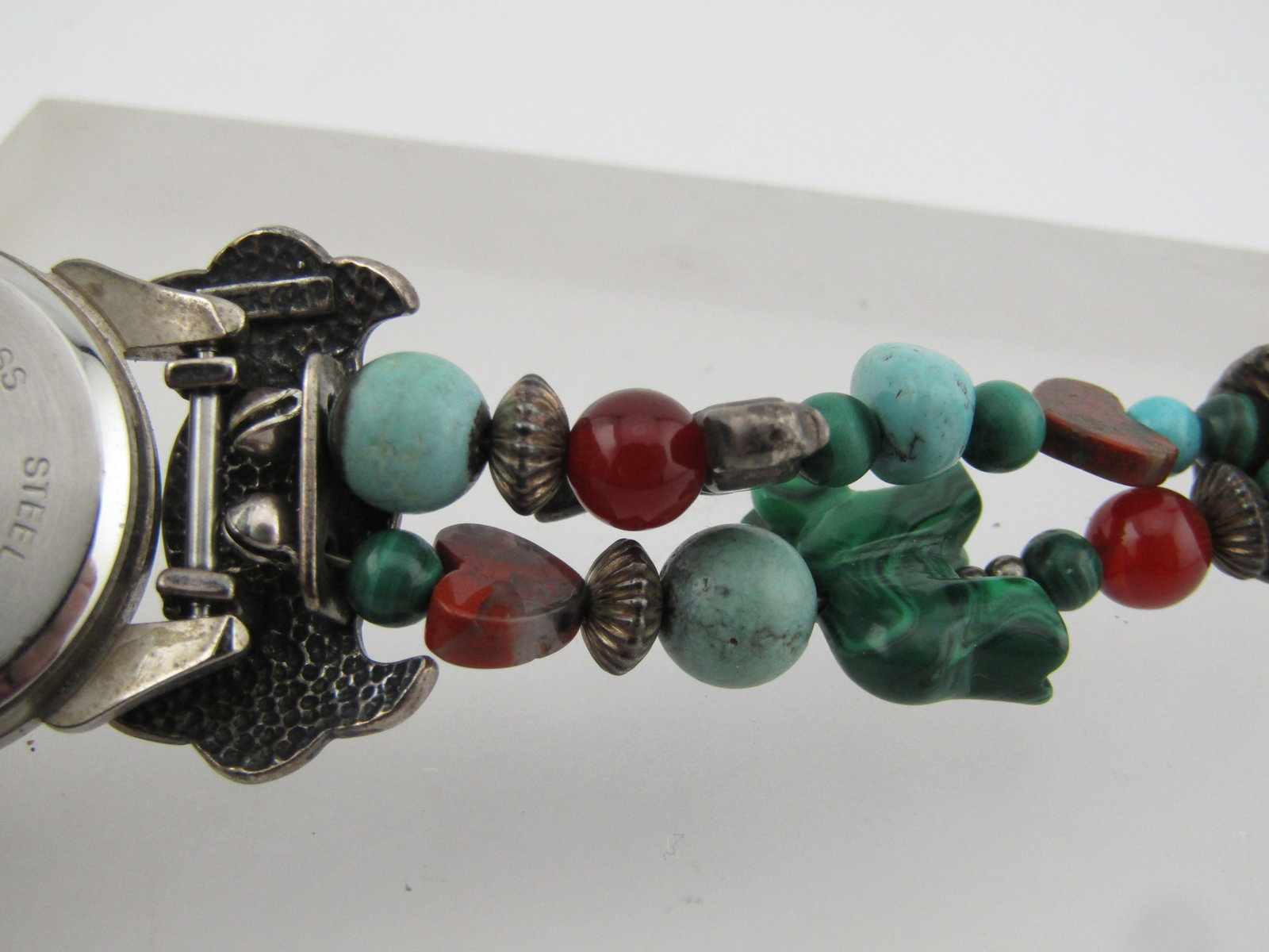 Sterling Carolyn Pollack Southwestern Watch, Malachite, Tuquoise, 7.5" 1990's - 9