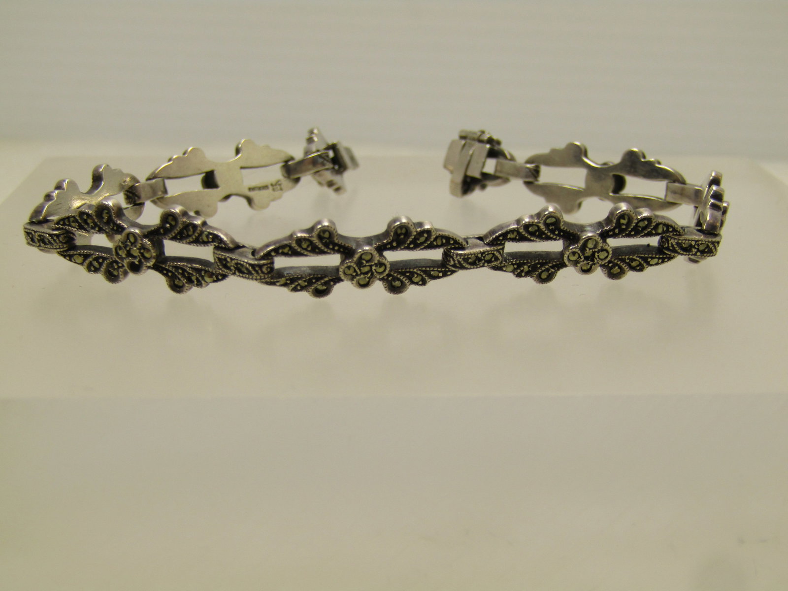 Vintage Sterling Marcasite Open Link Bracelet, 7", Blossom Accents , Signed, 1940's (1 of 8)