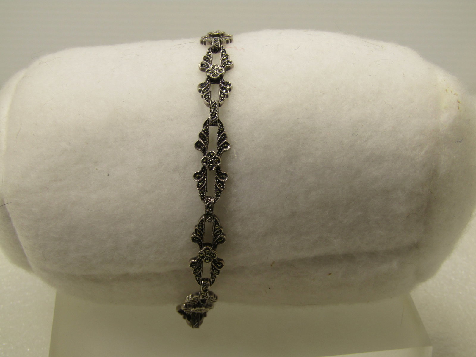 Vintage Sterling Marcasite Open Link Bracelet, 7", Blossom Accents , Signed, 1940's - 3