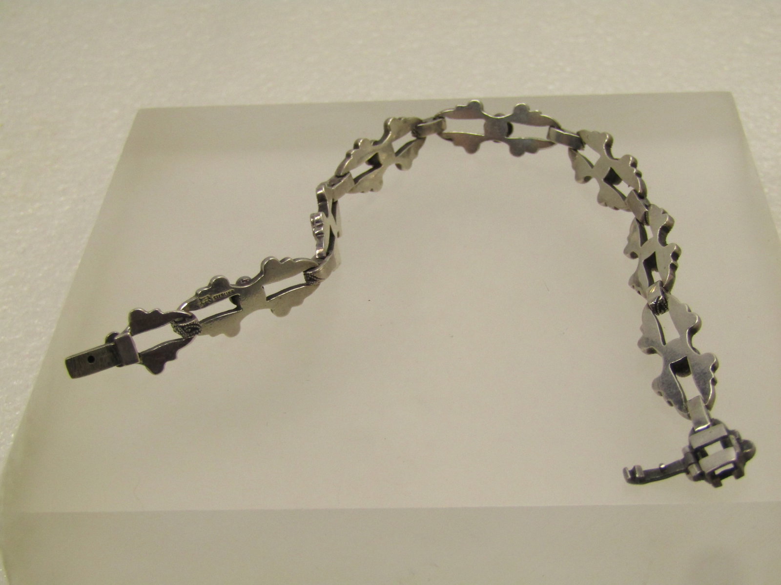 Vintage Sterling Marcasite Open Link Bracelet, 7", Blossom Accents , Signed, 1940's - 5