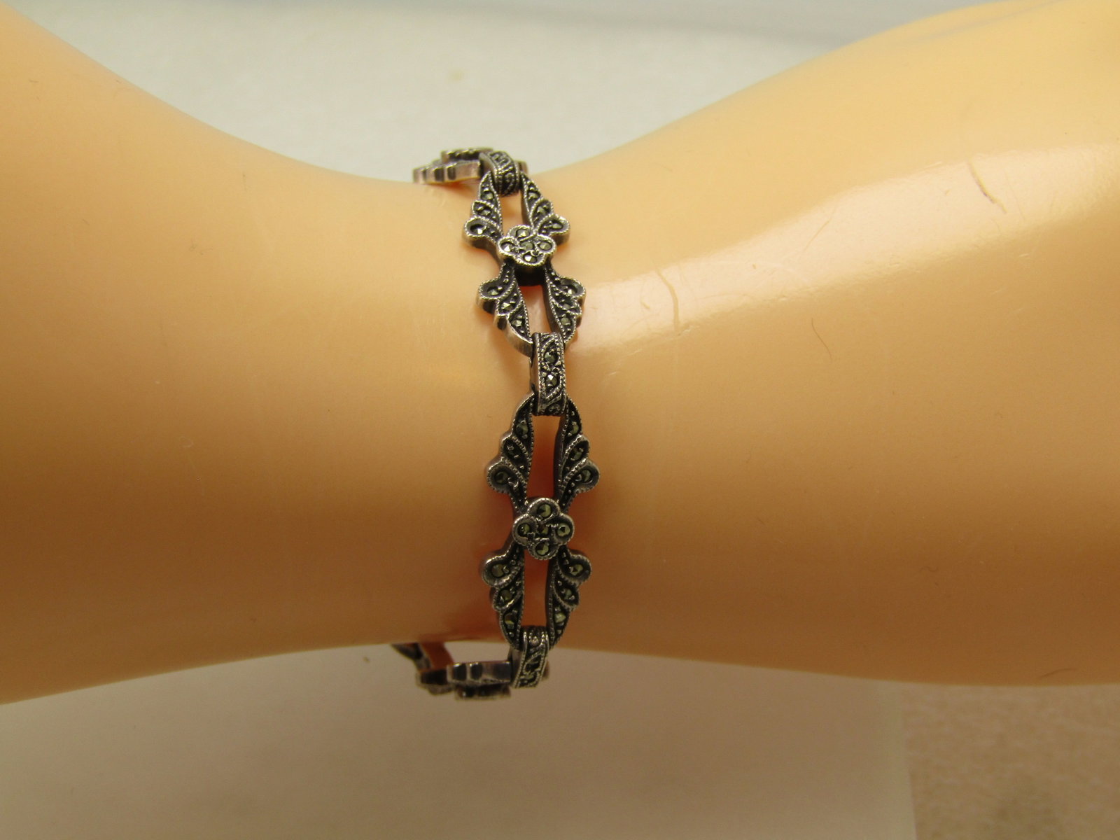 Vintage Sterling Marcasite Open Link Bracelet, 7", Blossom Accents , Signed, 1940's - 8