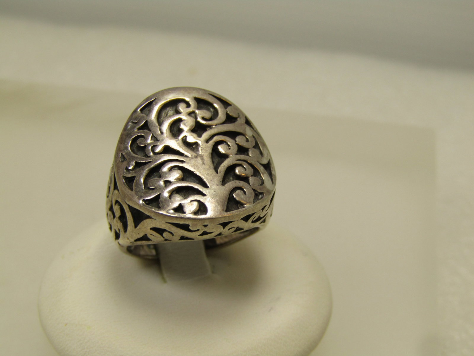 Vintage Sterling Wide Scrolled Ring, Sz. 7, 1990's-2000: Vintage Sterling Wide Scrolled Ring, Sz. 7, 1990's-2000. This is marked .925 and Thailand and tests as sterling silver with an appx. weight of 9.49 grams. It is appx. 7/8" down the finger and 3/4" acr