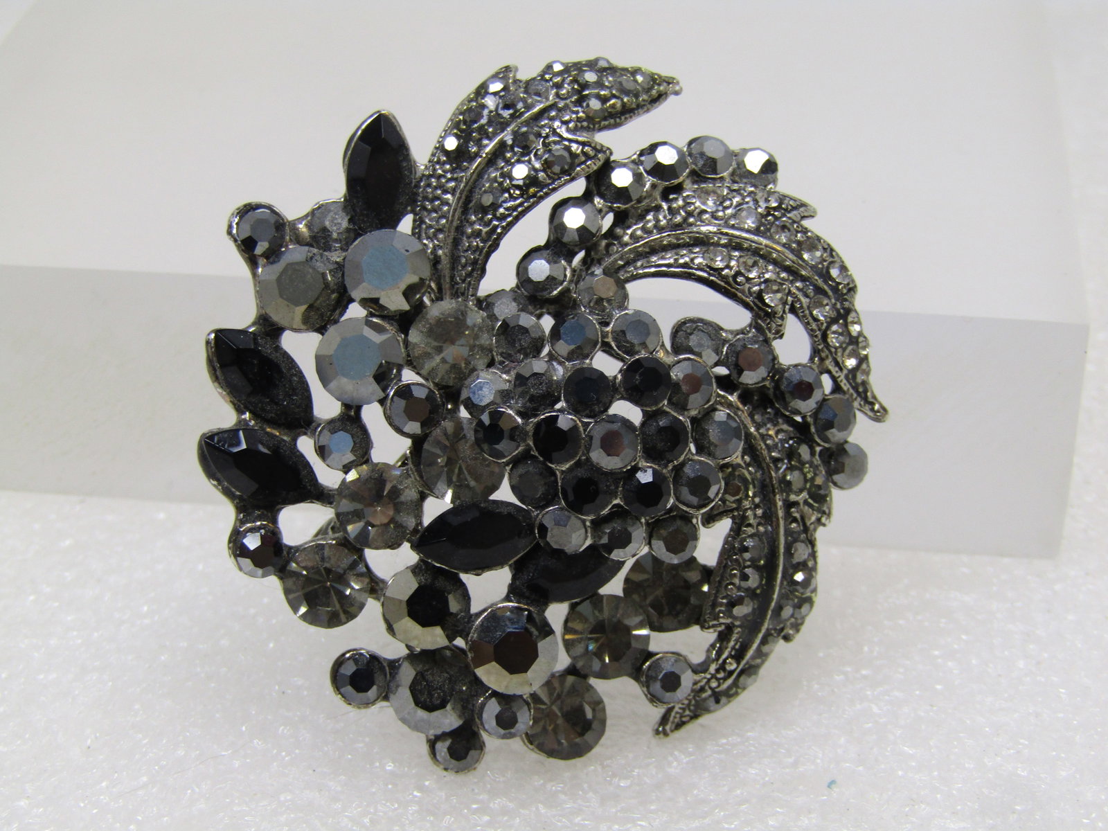 Black and Gray Rhinestone Floral Brooch, Silver and Black Tone Metal, 1980's-1990's - 2