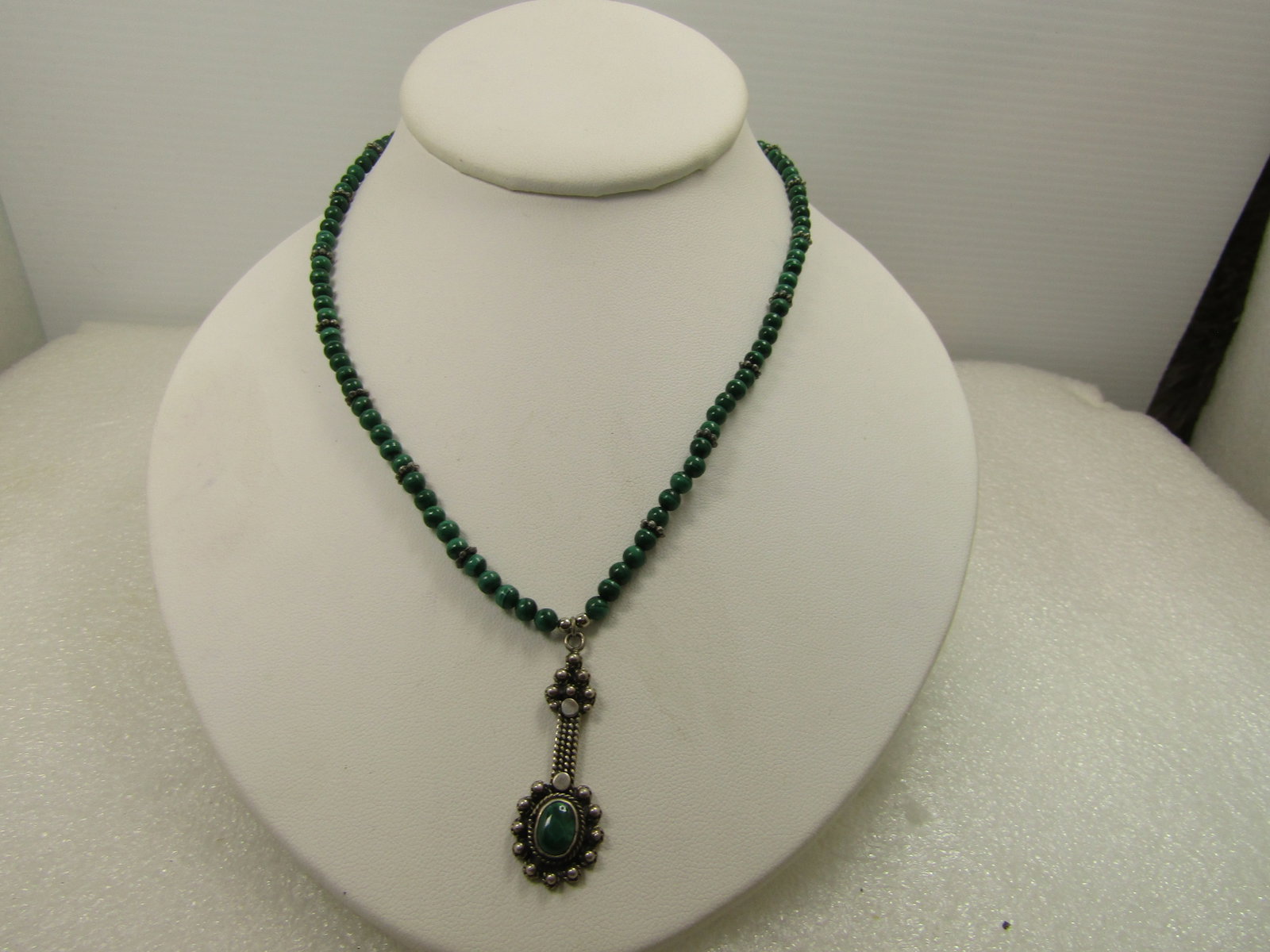 Vintage Sterling Malachite Beaded Necklace/Pendant, 17", Toggle Clasp, 1980's-1990's, Southwestern: Vintage Sterling Malachite Beaded Necklace/Pendant, 17", Toggle Clasp, 1980's-1990's, Southwestern Vibe. Appx. 4mm round malachite beds throughout the necklace with sterling beaded type disc beads set