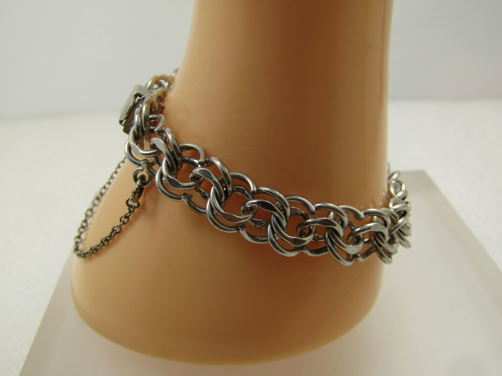 Vintage Sterling Double Link Charm Bracelet, 6.75", Safety Clasp, Signed JMS, 1940's-1960's - 2