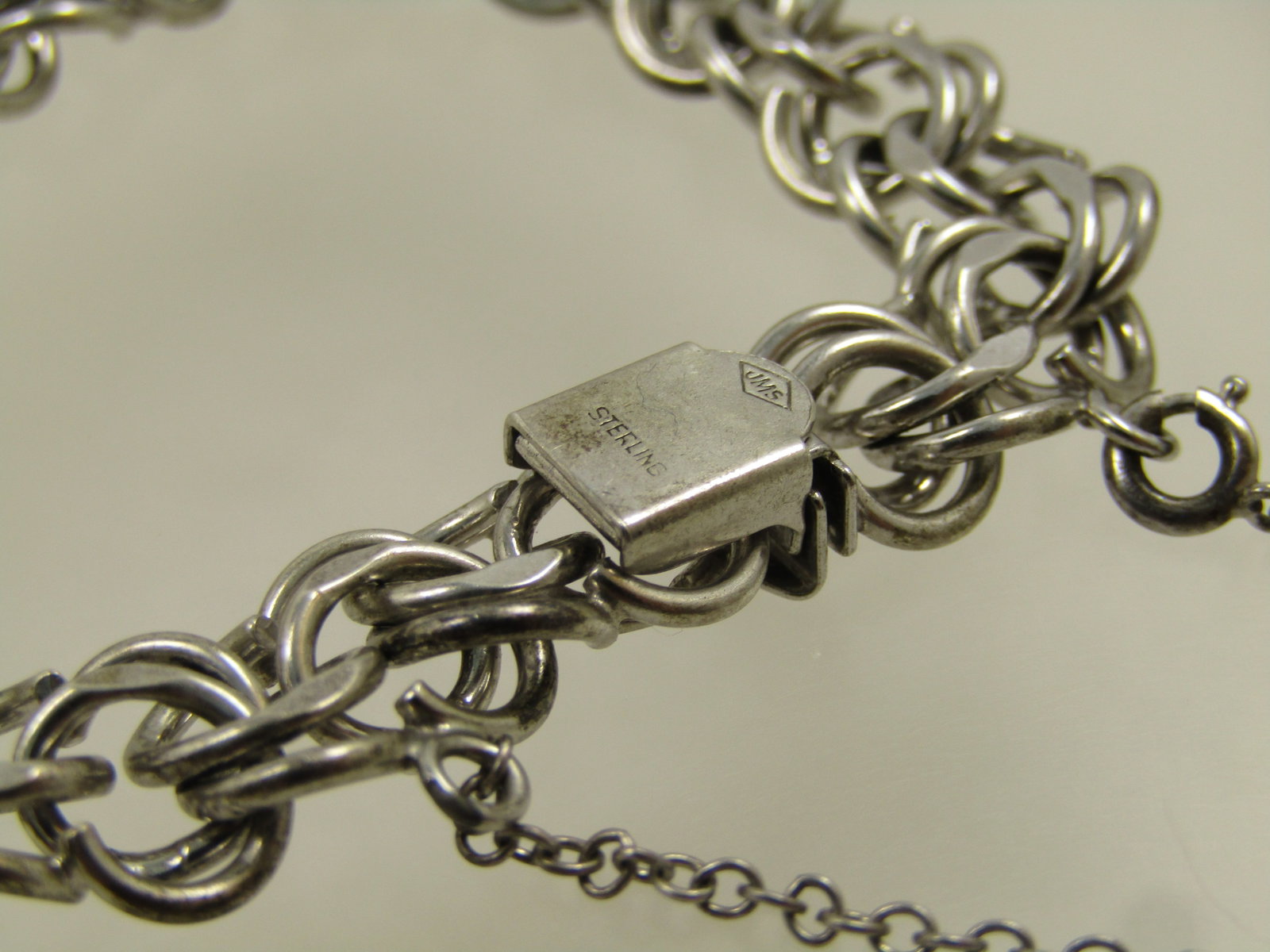 Vintage Sterling Double Link Charm Bracelet, 6.75", Safety Clasp, Signed JMS, 1940's-1960's - 6