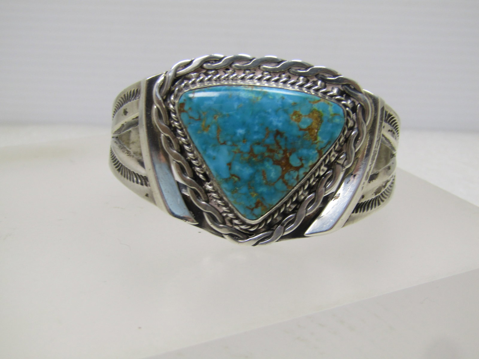 Vintage Sterling Turquoise Navajo/Southwestern Cuff Bracelet, 6", 1960's-1980's: Vintage Sterling Southwestern/Navajo Turquoise Cuff Bracelet, 6", 1960's-1980's is the estimated age based on the age of the pieces in the estate where this was purchased from. This is a heavy bracele