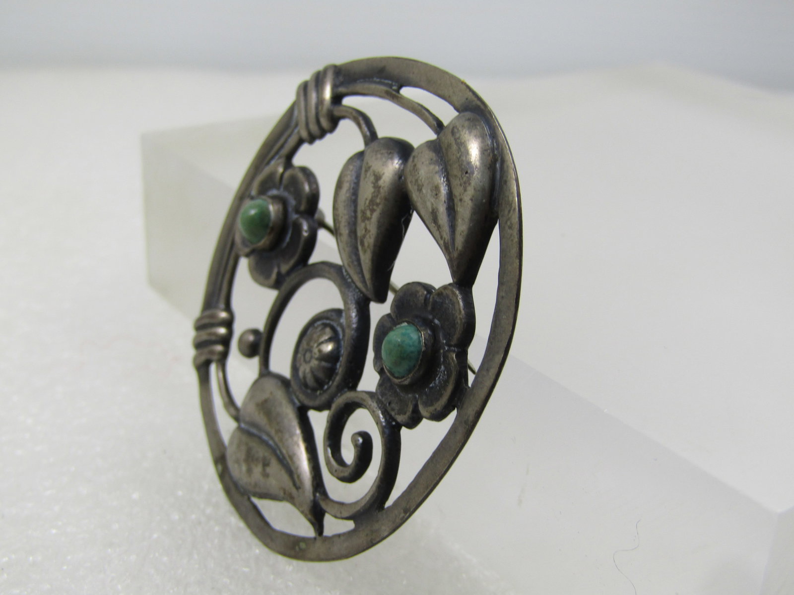 Vintage Sterling Mexican Floral Brooch, Green Stones, C-Clasp, 1930's-1940's - 2