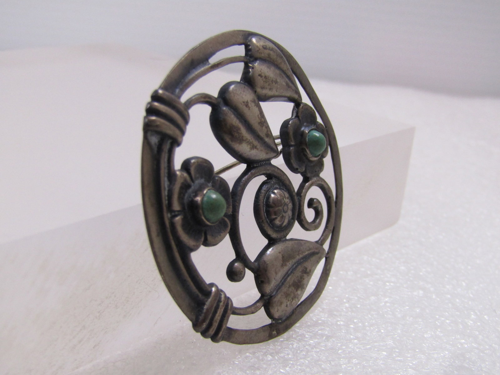 Vintage Sterling Mexican Floral Brooch, Green Stones, C-Clasp, 1930's-1940's - 3
