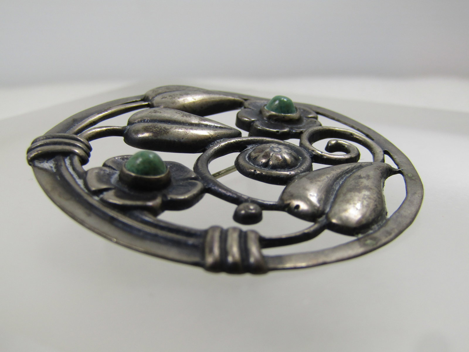 Vintage Sterling Mexican Floral Brooch, Green Stones, C-Clasp, 1930's-1940's - 5