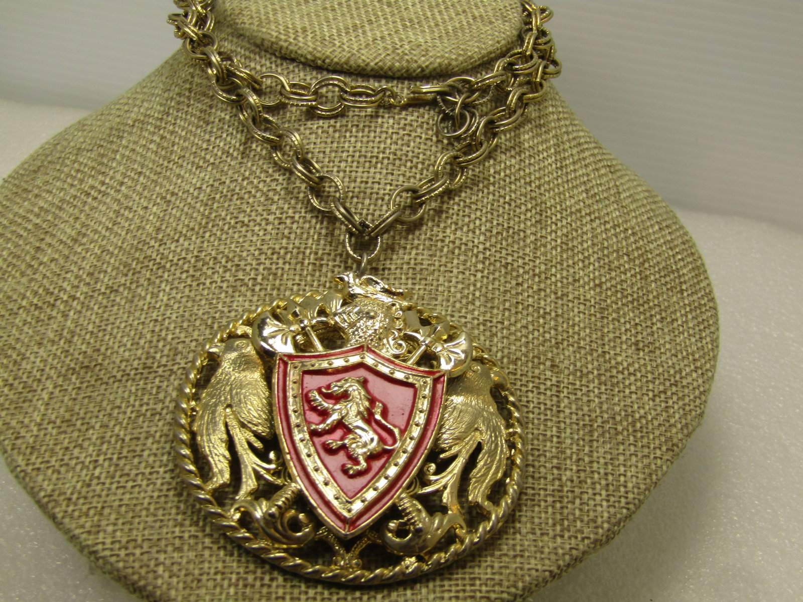 Vintage Enameled Lion Shield Medallion Necklace, 24", 2.5" 1960's-1970's - 3