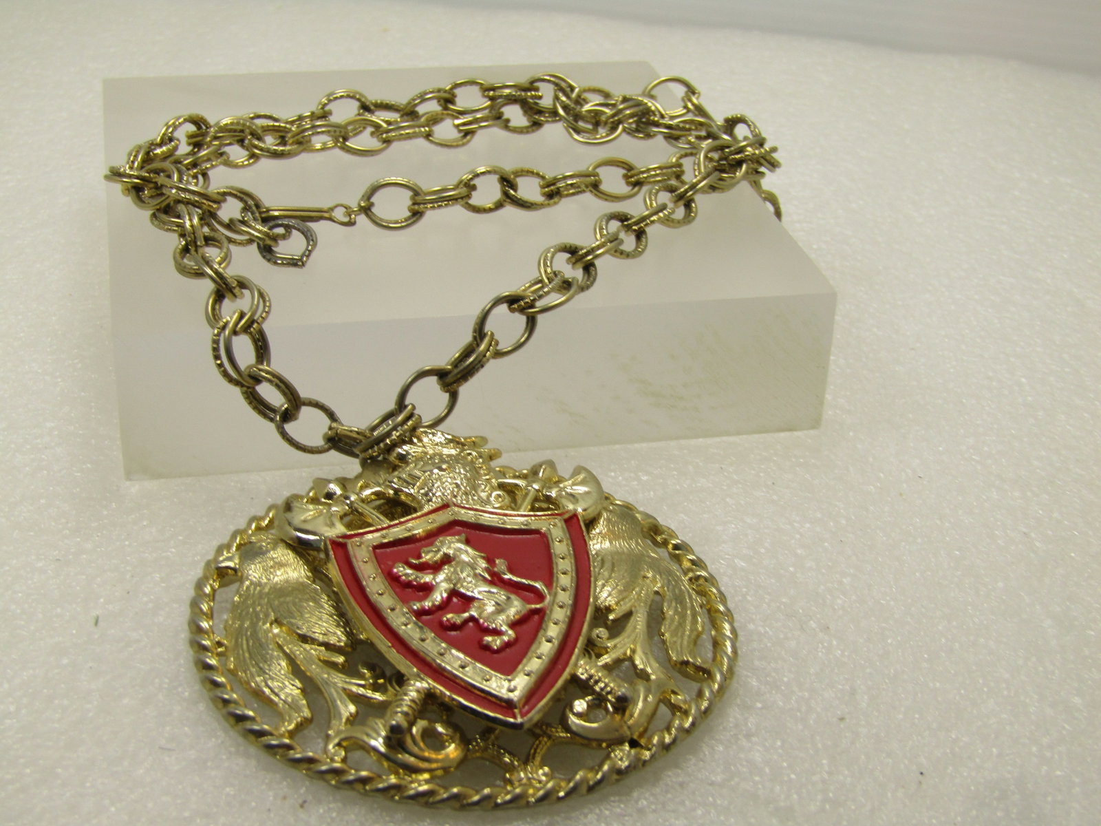 Vintage Enameled Lion Shield Medallion Necklace, 24", 2.5" 1960's-1970's - 5