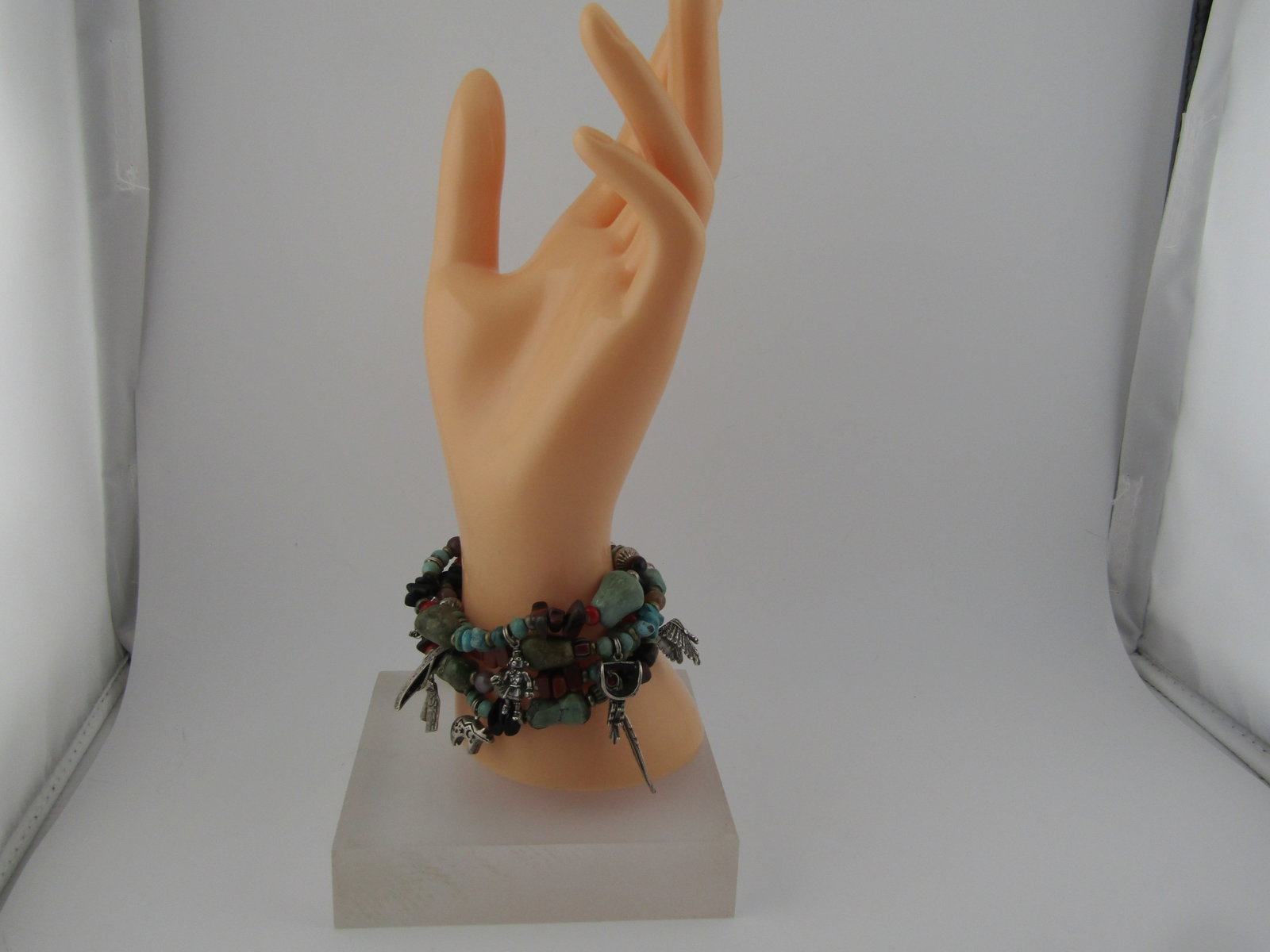 Vintage Sterling Southwestern Four Strand Bracelet, Turquoise and Other Stones, 1990's - 10