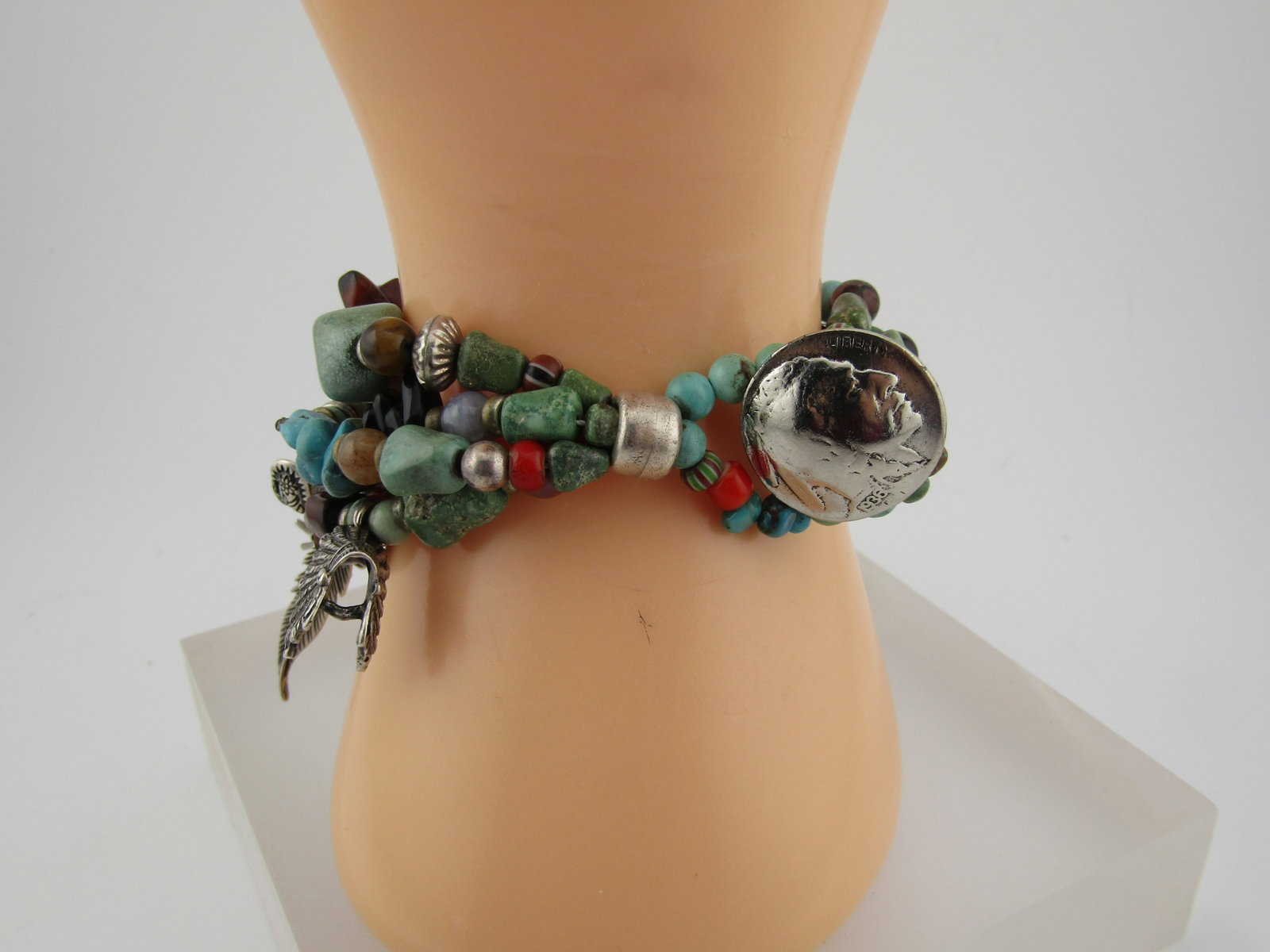 Vintage Sterling Southwestern Four Strand Bracelet, Turquoise and Other Stones, 1990's - 2