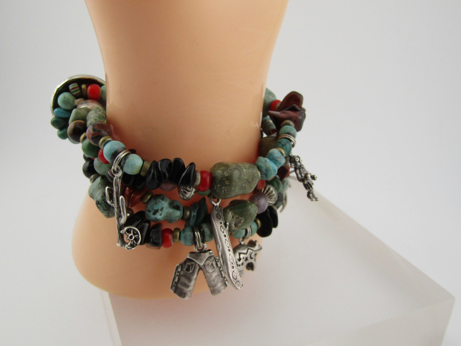 Vintage Sterling Southwestern Four Strand Bracelet, Turquoise and Other Stones, 1990's - 3