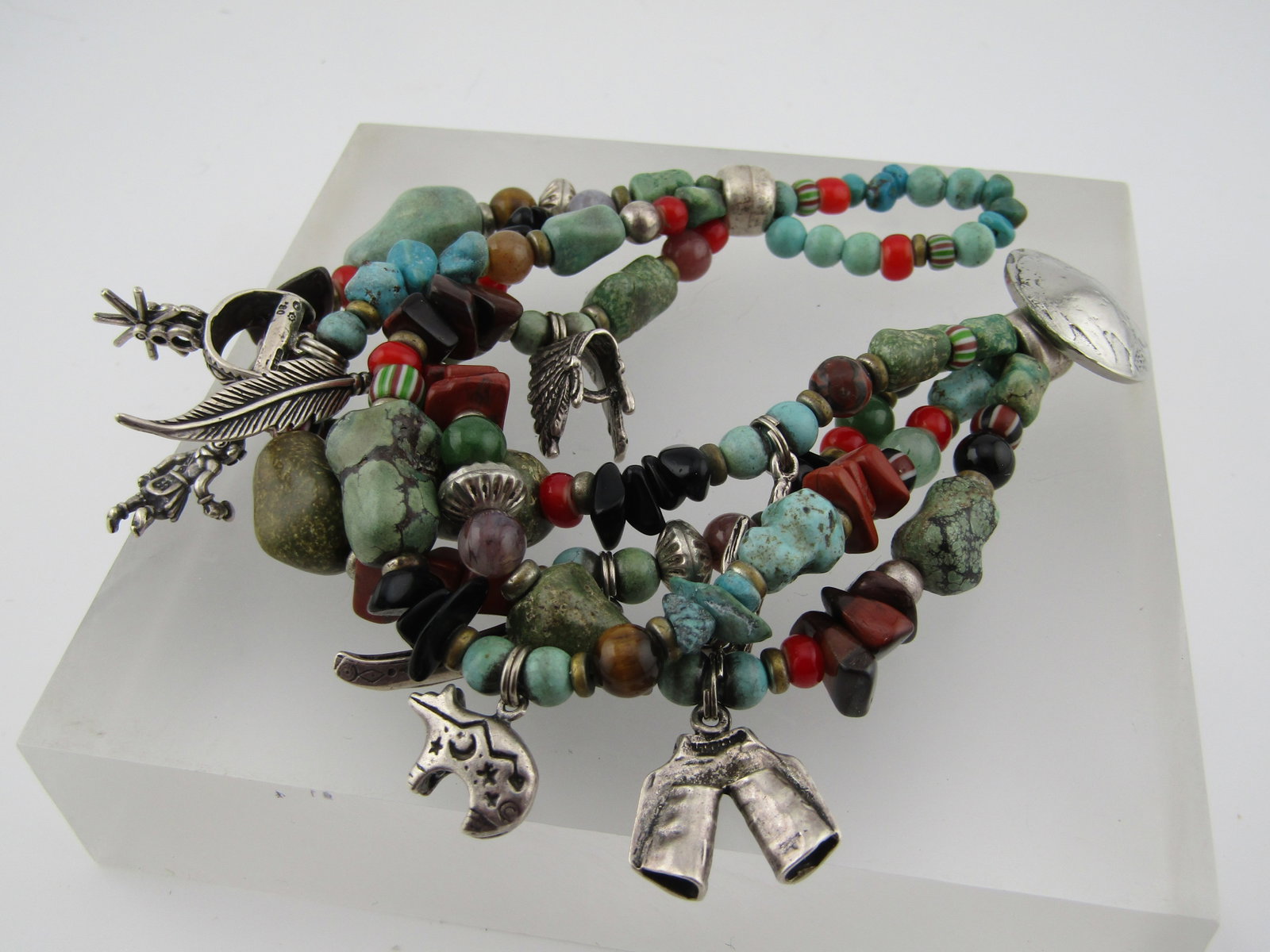 Vintage Sterling Southwestern Four Strand Bracelet, Turquoise and Other Stones, 1990's - 4