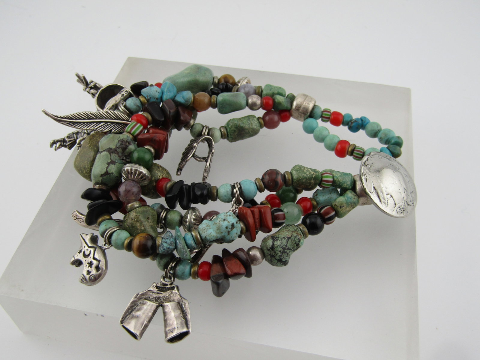 Vintage Sterling Southwestern Four Strand Bracelet, Turquoise and Other Stones, 1990's - 5