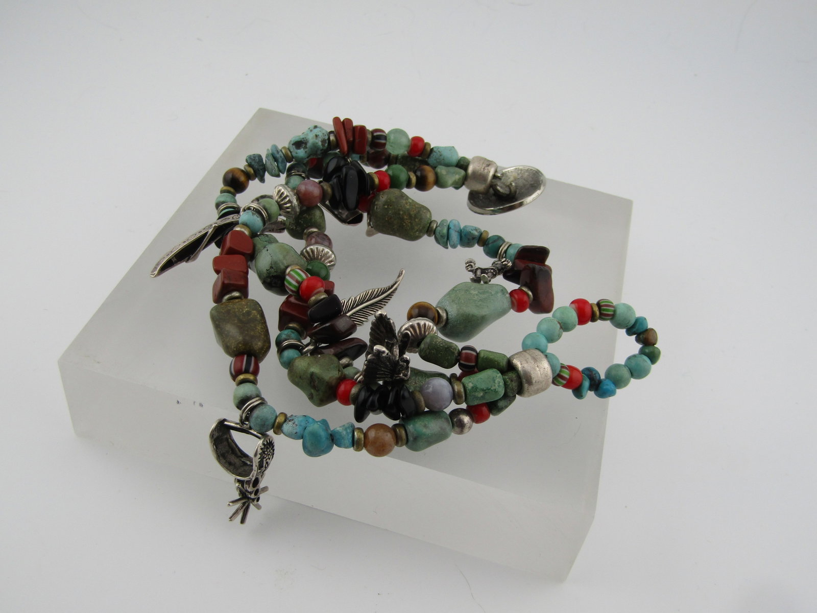 Vintage Sterling Southwestern Four Strand Bracelet, Turquoise and Other Stones, 1990's - 6