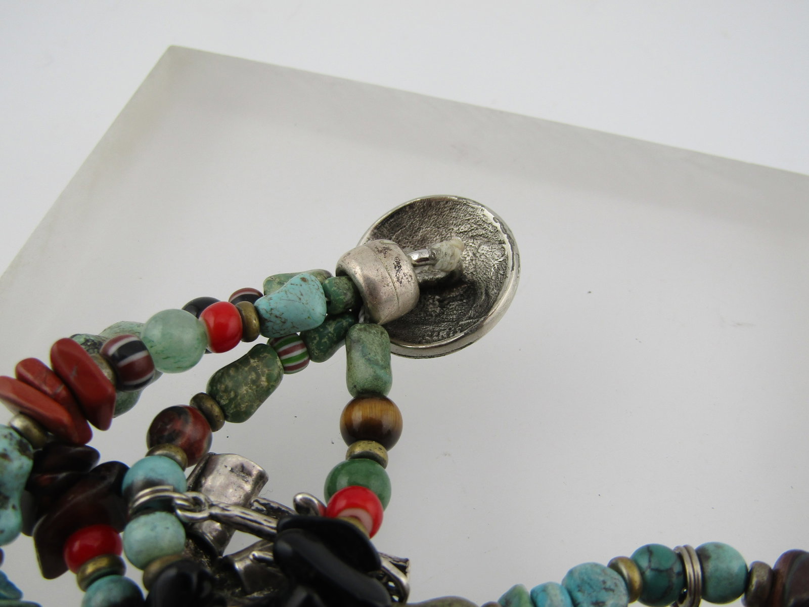 Vintage Sterling Southwestern Four Strand Bracelet, Turquoise and Other Stones, 1990's - 7