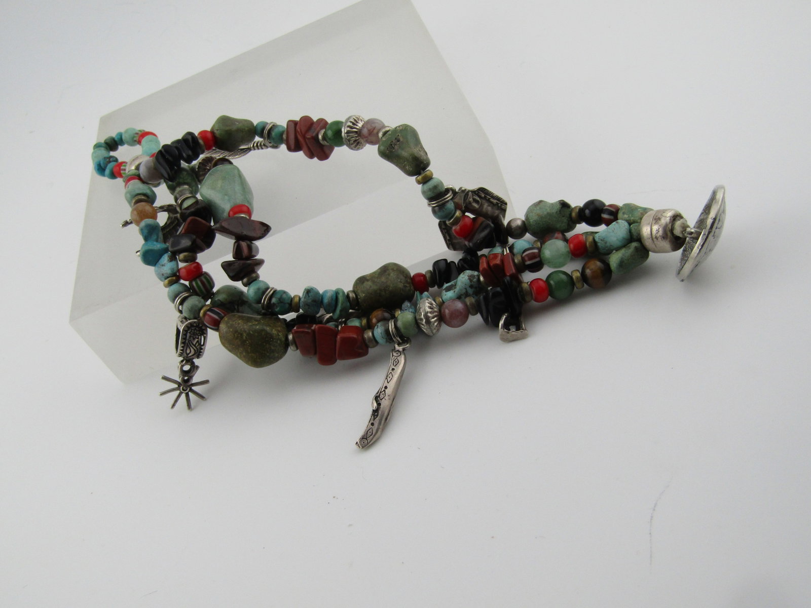 Vintage Sterling Southwestern Four Strand Bracelet, Turquoise and Other Stones, 1990's - 8