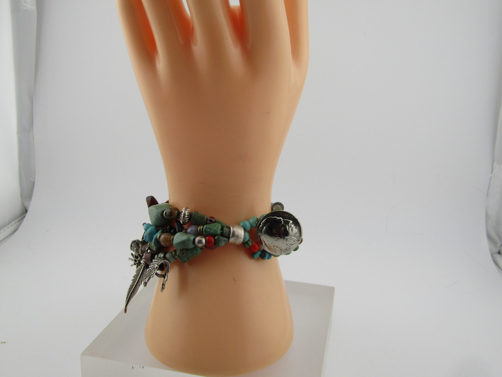 Vintage Sterling Southwestern Four Strand Bracelet, Turquoise and Other Stones, 1990's - 9
