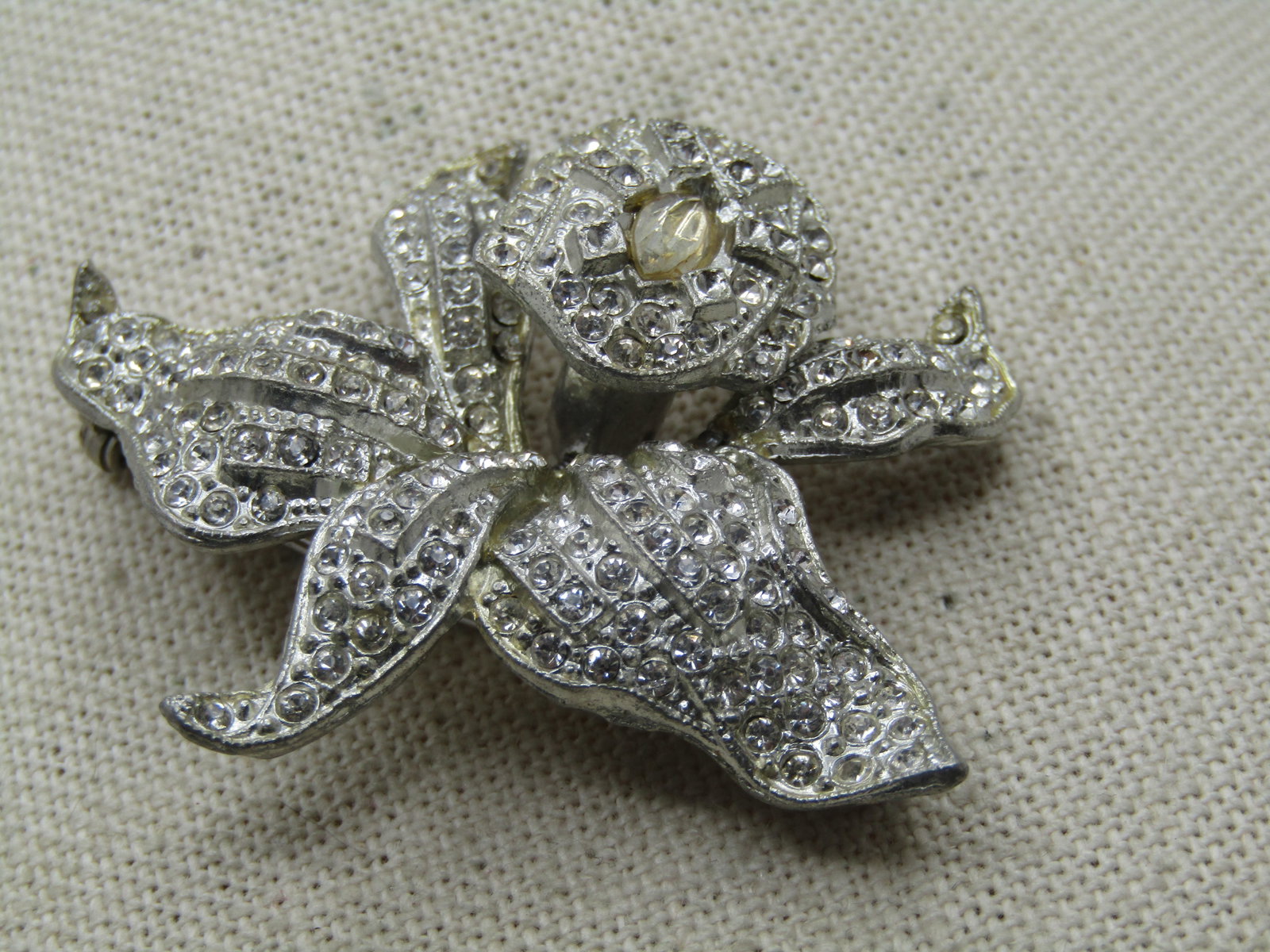 Vintage Rhinestone Orchid Trembler Brooch, Signed Singer and Kantor, 1930's-1940's - 3