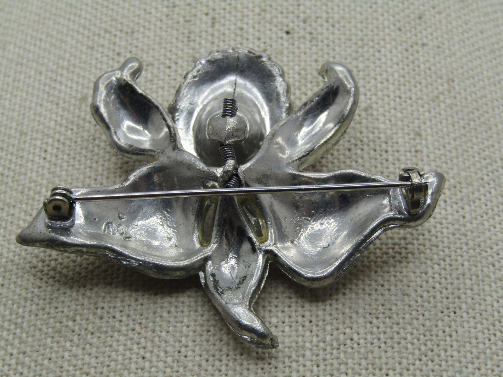 Vintage Rhinestone Orchid Trembler Brooch, Signed Singer and Kantor, 1930's-1940's - 4