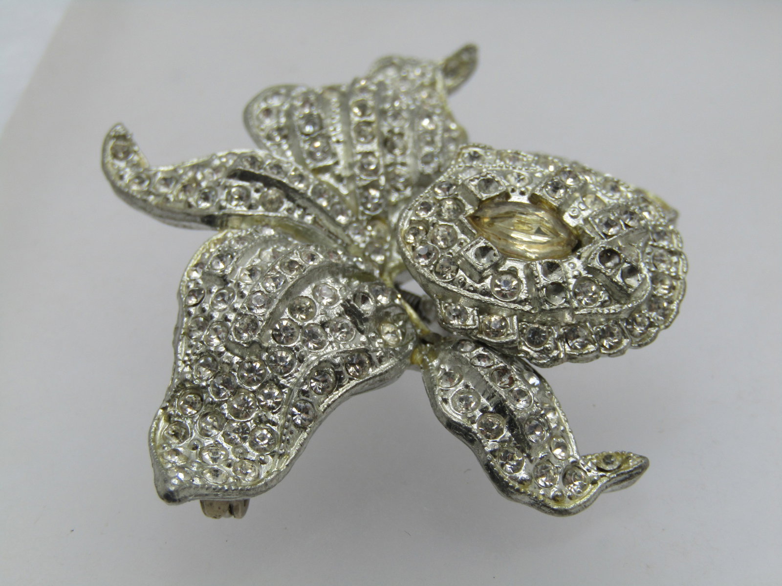 Vintage Rhinestone Orchid Trembler Brooch, Signed Singer and Kantor, 1930's-1940's - 6