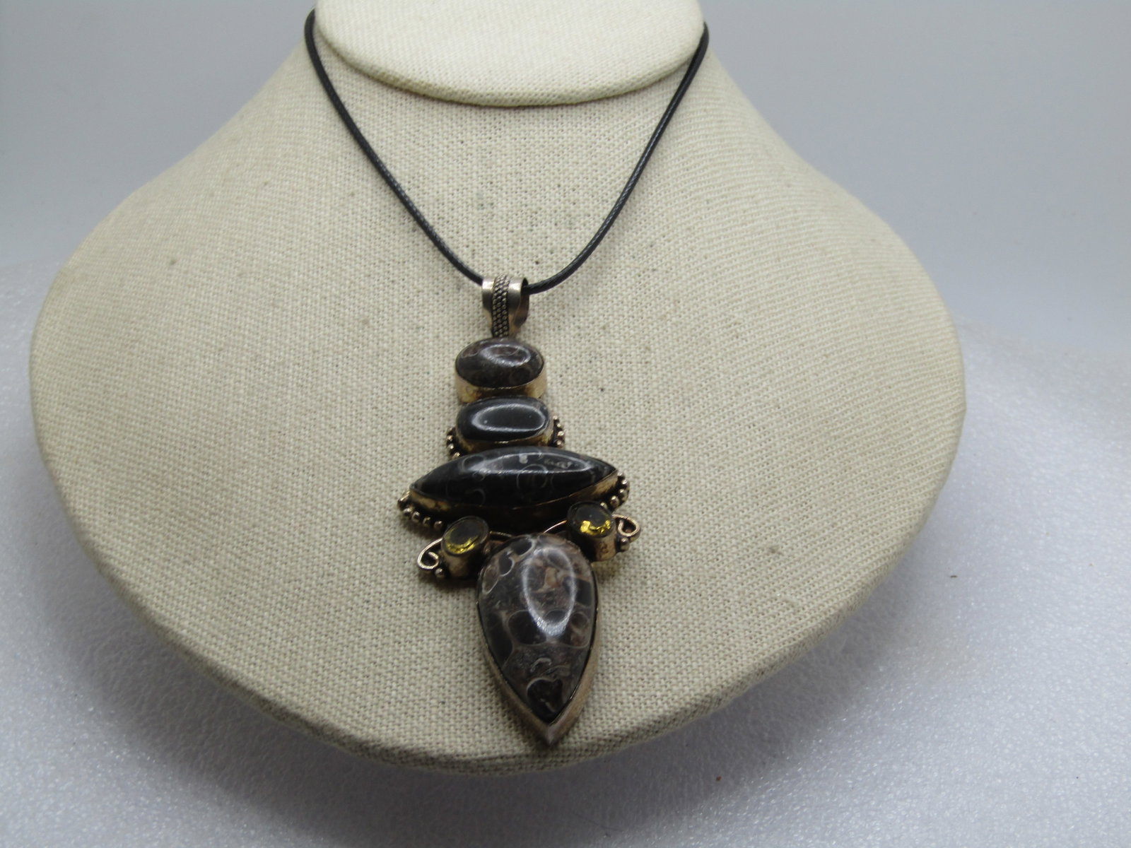 Vintage Brown/Black Agate Necklace, Rhinestones, 18"-20", Long Pendant, Boho/Southwestern, - 2