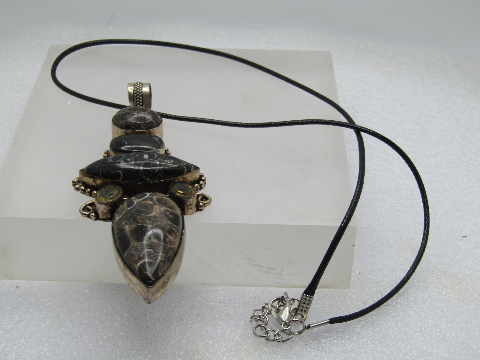 Vintage Brown/Black Agate Necklace, Rhinestones, 18"-20", Long Pendant, Boho/Southwestern, - 7