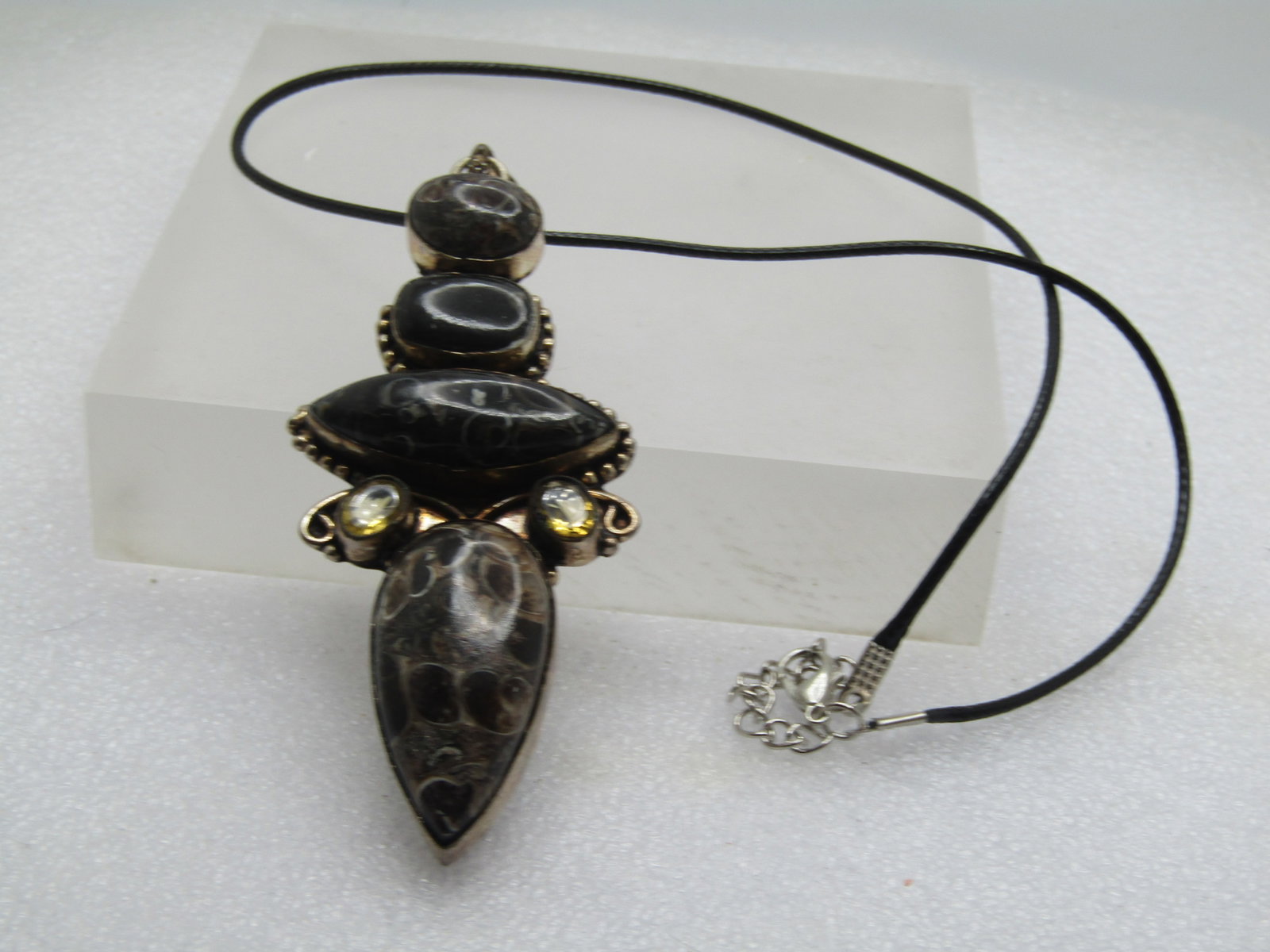 Vintage Brown/Black Agate Necklace, Rhinestones, 18"-20", Long Pendant, Boho/Southwestern, - 8