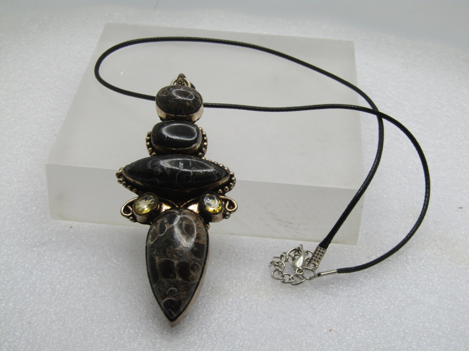 Vintage Brown/Black Agate Necklace, Rhinestones, 18"-20", Long Pendant, Boho/Southwestern, - 9