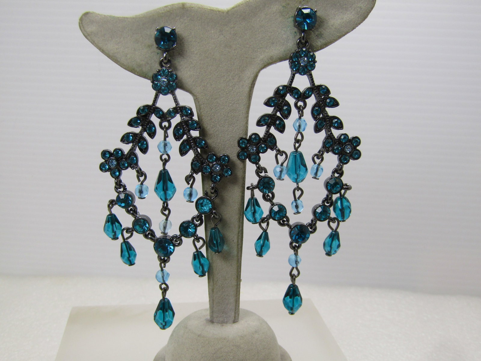 Vintage Teal Rhinestone Chandelier Earrings, Pierced, 3.75", 1980's-1990's (1 of 5)
