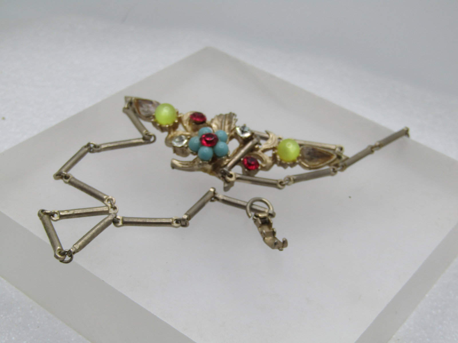 Vintage Rhinestone Floral Necklace, V-Drop, 1950's, 16" - 10