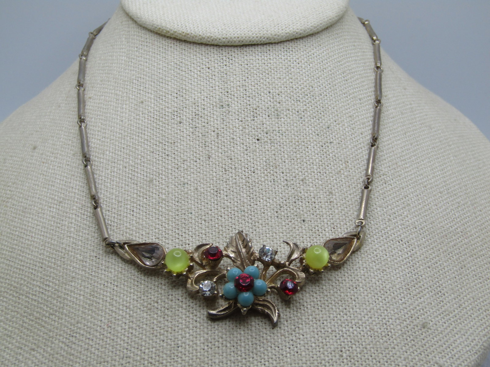 Vintage Rhinestone Floral Necklace, V-Drop, 1950's, 16" - 2
