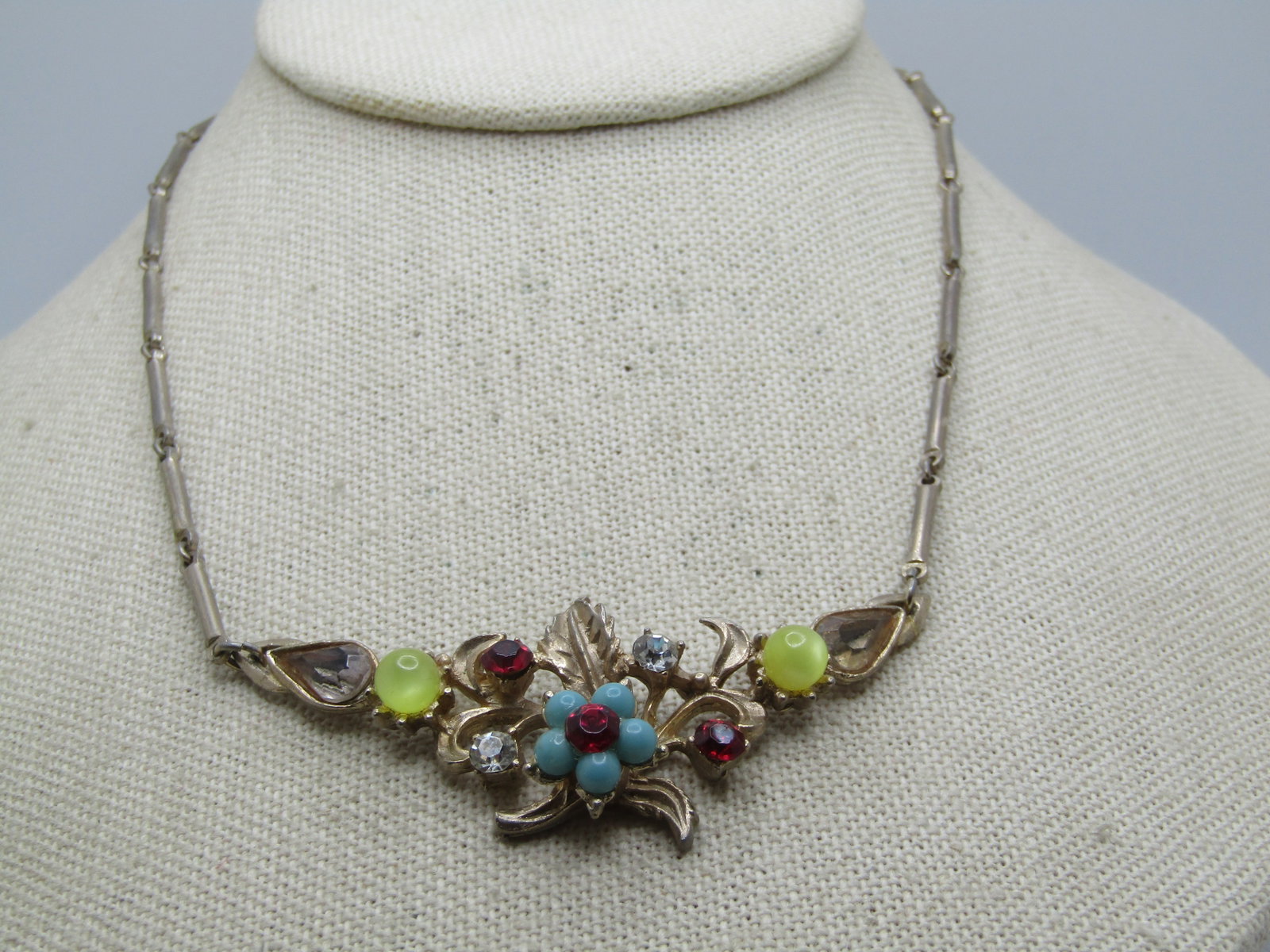 Vintage Rhinestone Floral Necklace, V-Drop, 1950's, 16" - 3