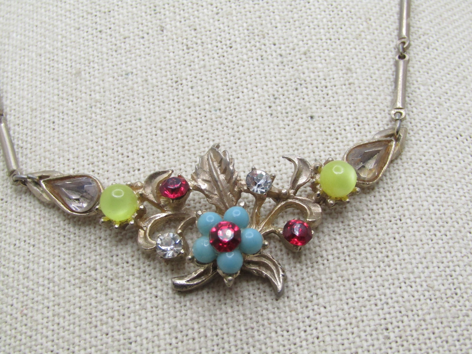 Vintage Rhinestone Floral Necklace, V-Drop, 1950's, 16" - 4