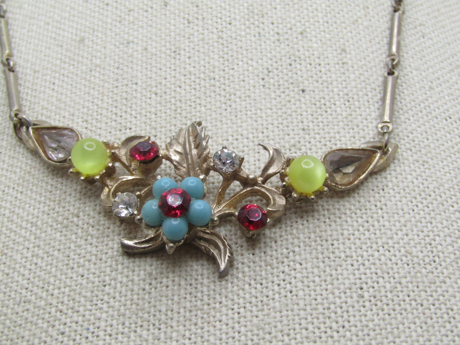 Vintage Rhinestone Floral Necklace, V-Drop, 1950's, 16" - 6