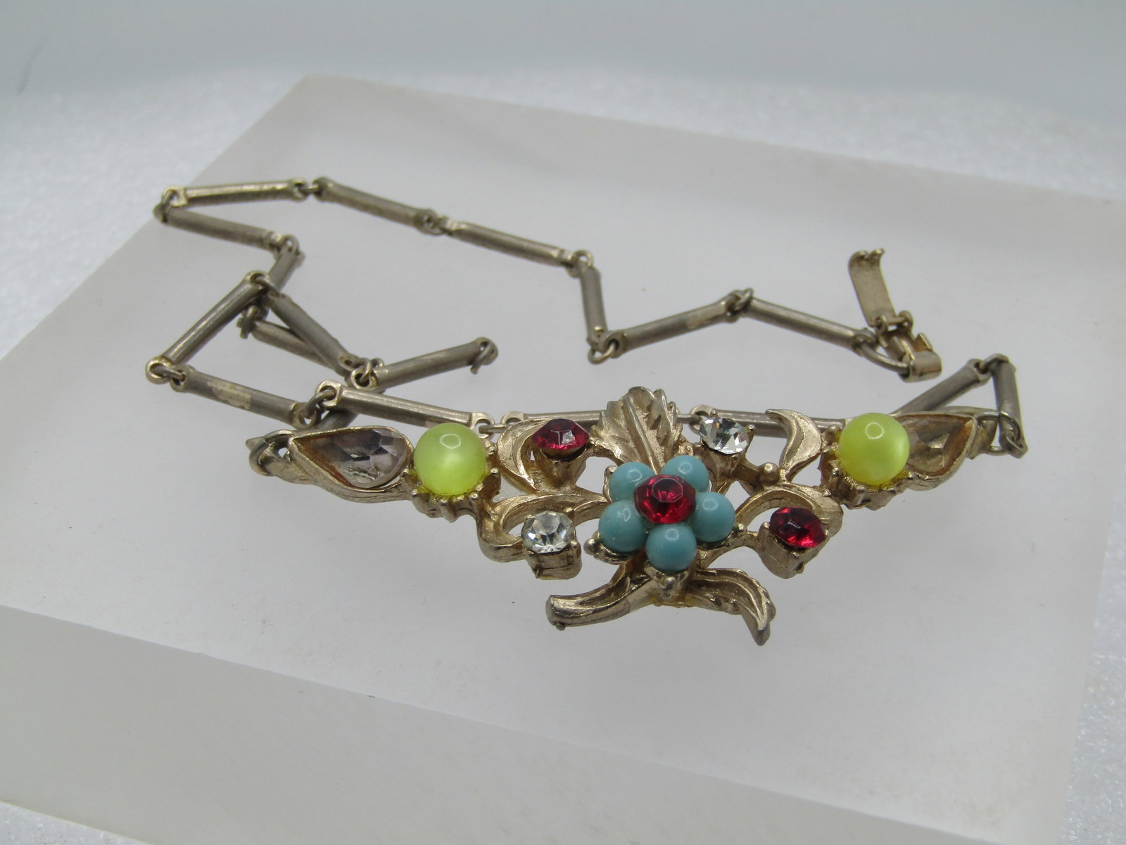 Vintage Rhinestone Floral Necklace, V-Drop, 1950's, 16" - 7